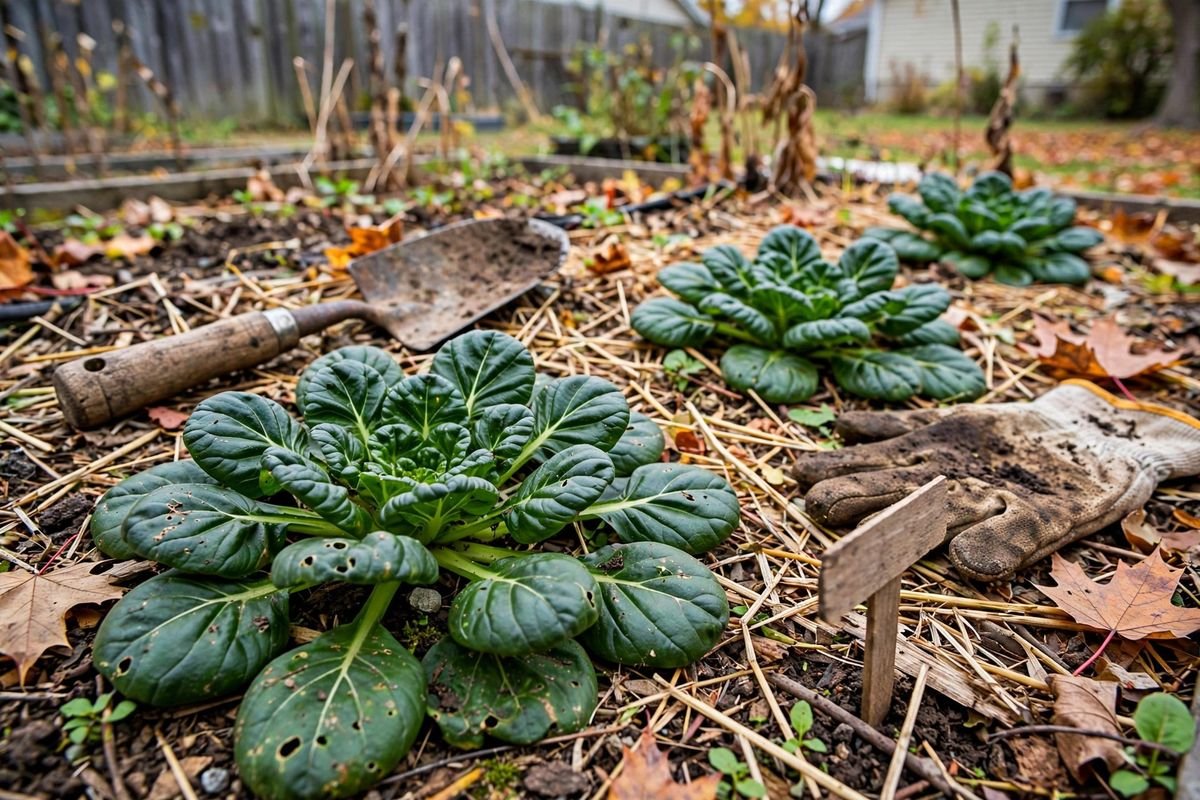 Dark green tatsoi rosettes growing low in a mulched fall garden bed