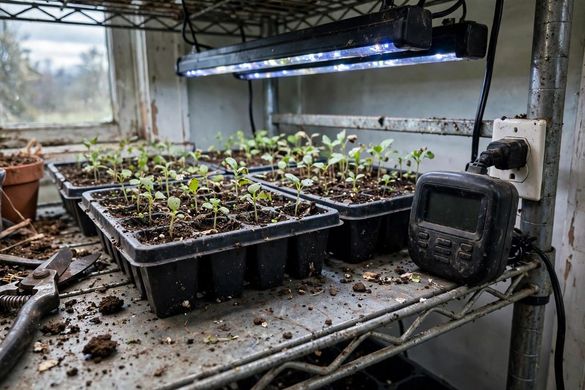 A digital plug-in timer with a small screen on a shelf beside seedling trays under grow lights