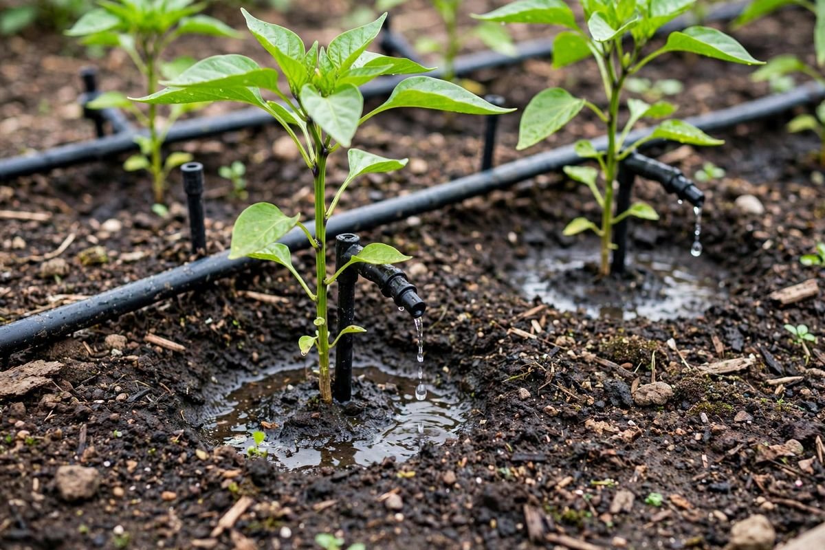 Drip emitters dripping water at the base of individual pepper plants in dark soil