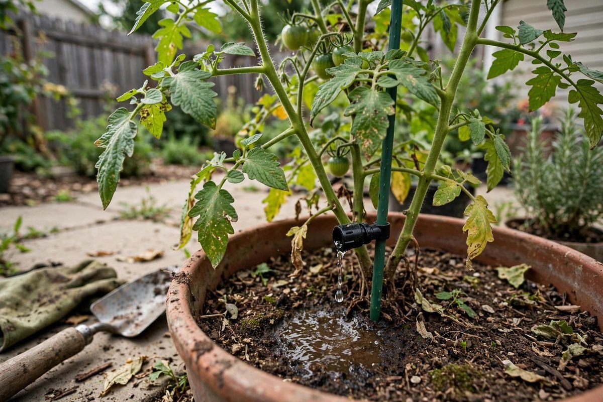 Drip irrigation emitter watering the soil of a large patio container