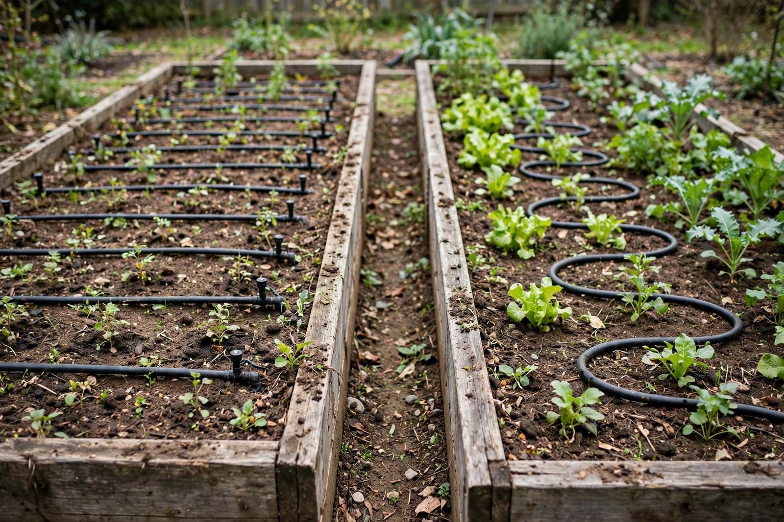 Two raised beds side by side, one watered by drip lines with emitters at each plant and one by a black soaker hose snaking between rows