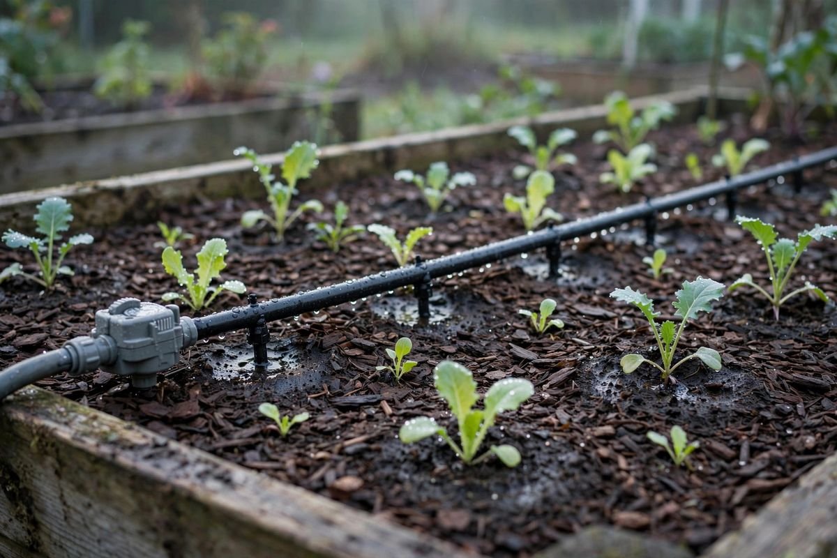 Drip line wetting mulched soil in a raised bed in early morning light