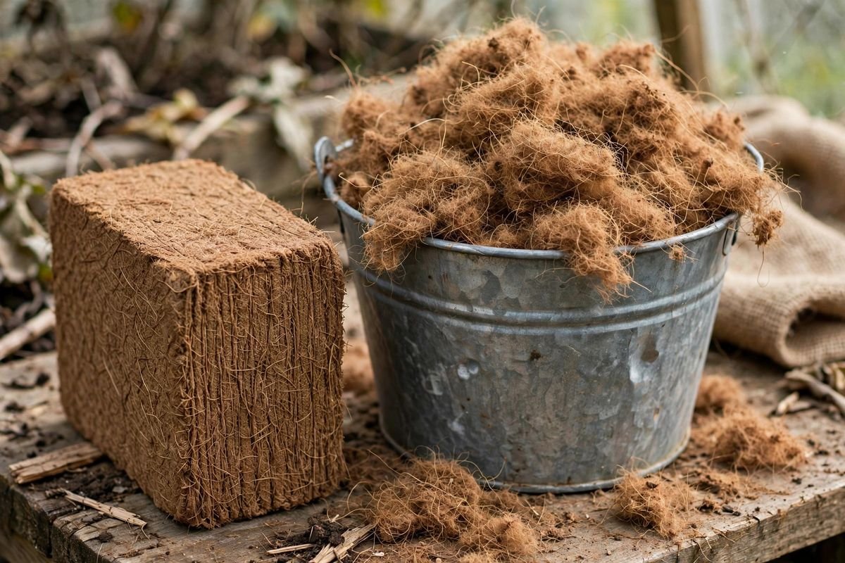 A dry coco coir brick beside a bucket of expanded fluffy coir ready for seed starting