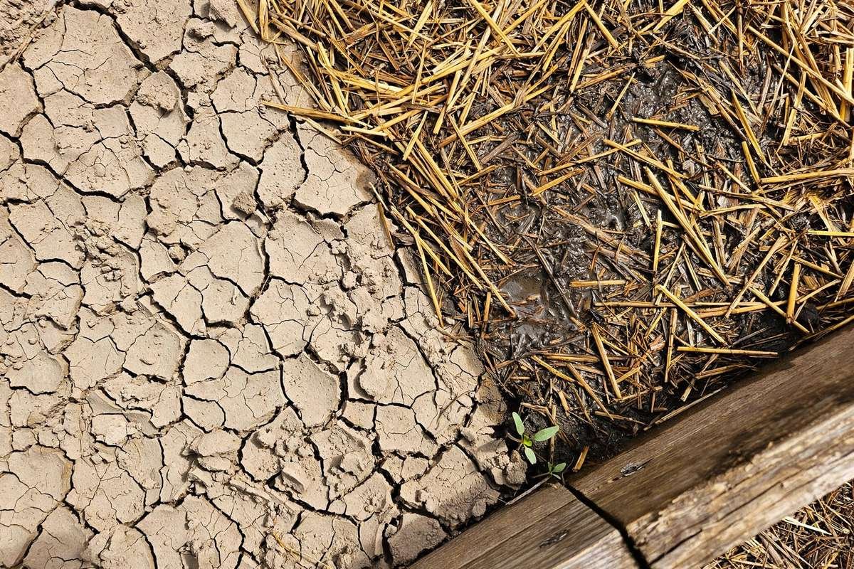 Dry cracked bare soil on one side of a raised bed corner beside dark soil covered with straw mulch