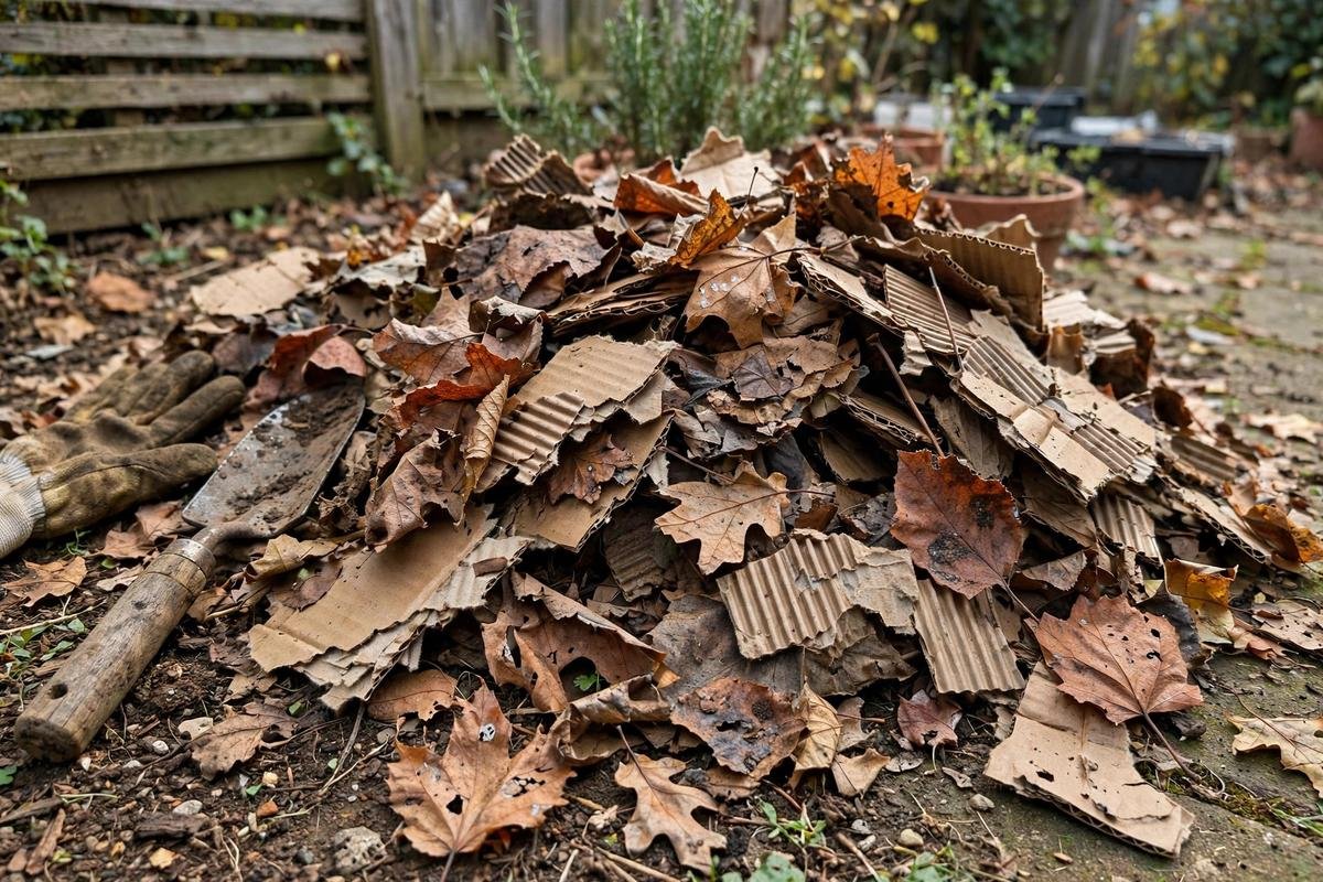 Dry fall leaves and shredded cardboard as brown compost materials