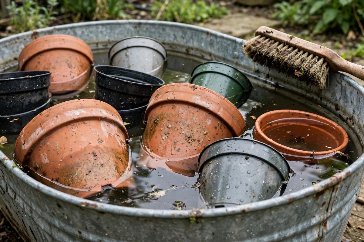 Empty terracotta and plastic pots soaking in a large tub of water outdoors, with a brush resting on the tub edge