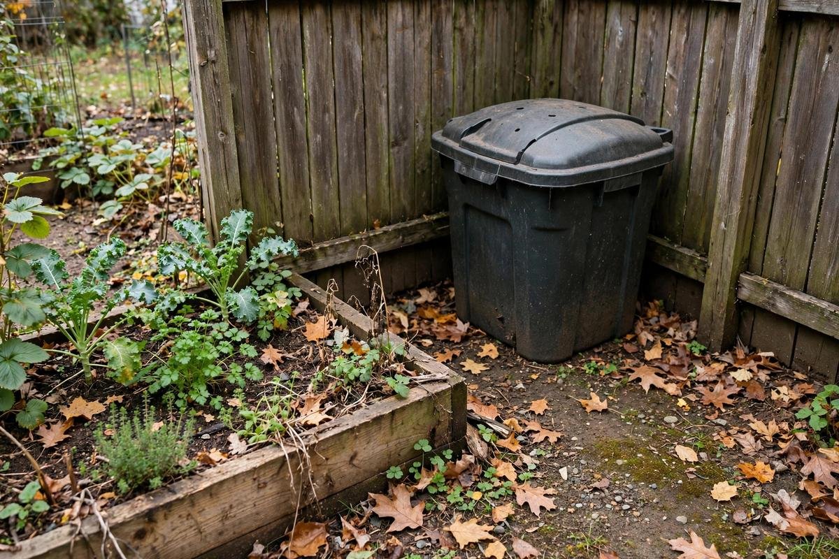 Enclosed compost bin in a small backyard corner beside a fence with a garden bed nearby
