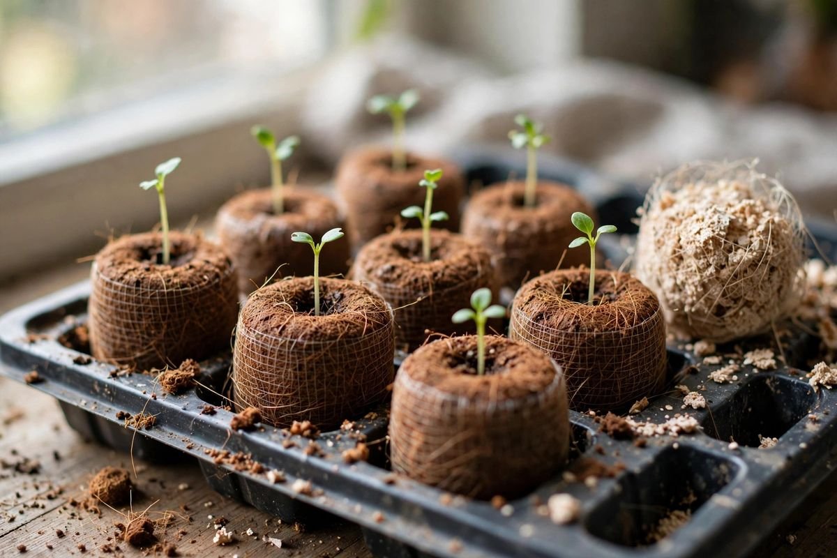 Expanded coir pellets in a tray with young seedlings at slightly uneven heights, one pellet visibly drier at the edge, netting around the pucks