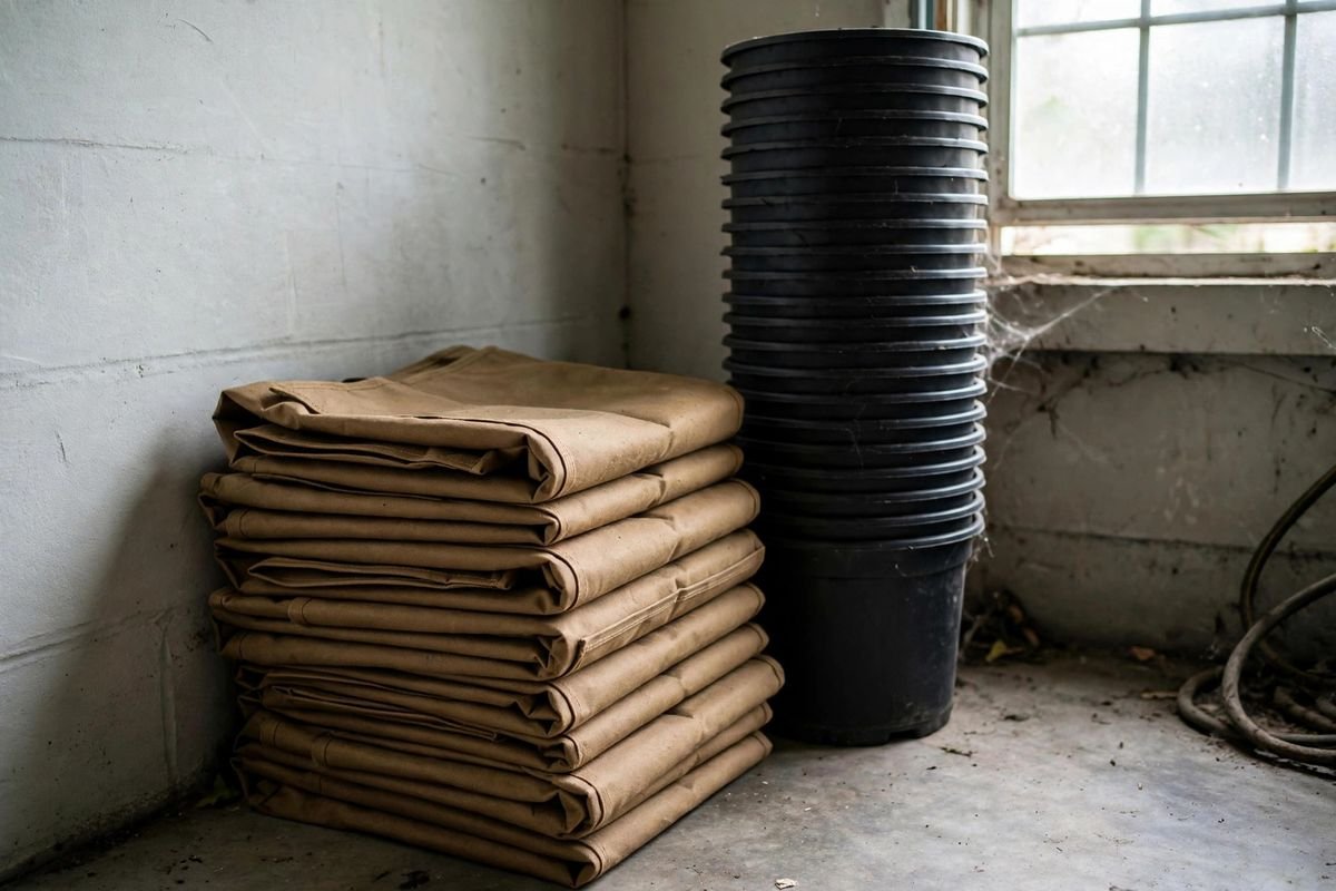 Fabric grow bags folded flat for storage beside a stack of plastic pots