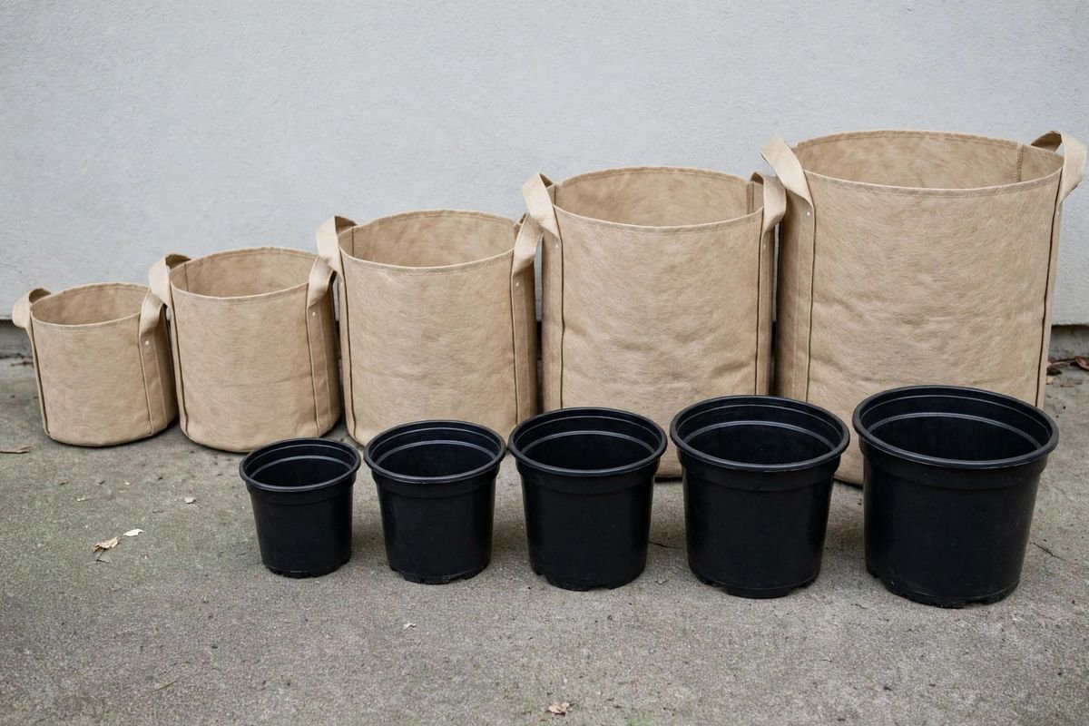Fabric grow bags in graduated sizes lined up beside black plastic nursery pots