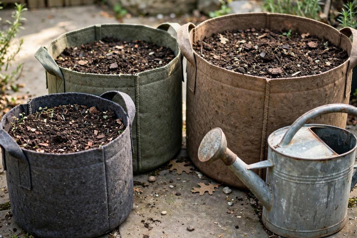 Fabric grow bags in several sizes lined up on a patio with soil