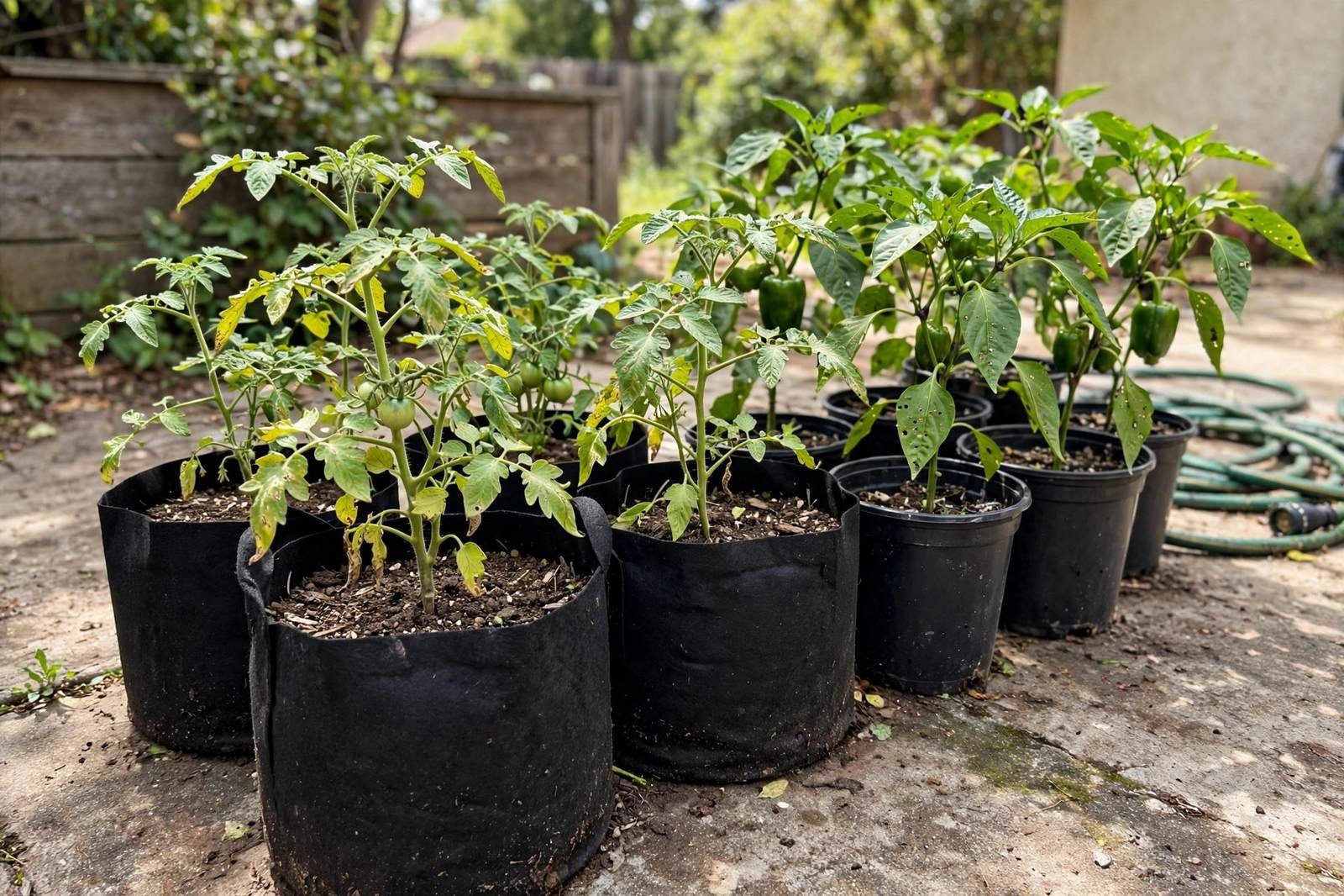 Fabric grow bags and plastic pots with tomato and pepper plants side by side on a patio.