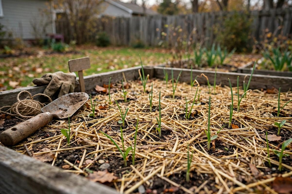 Fall onion bed with rows of small green shoots under straw mulch
