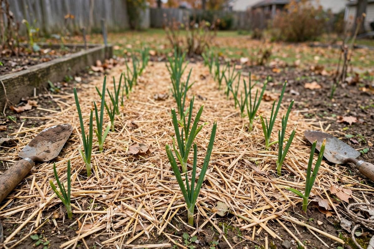 Fall shallot bed covered with loose straw mulch with green tips emerging