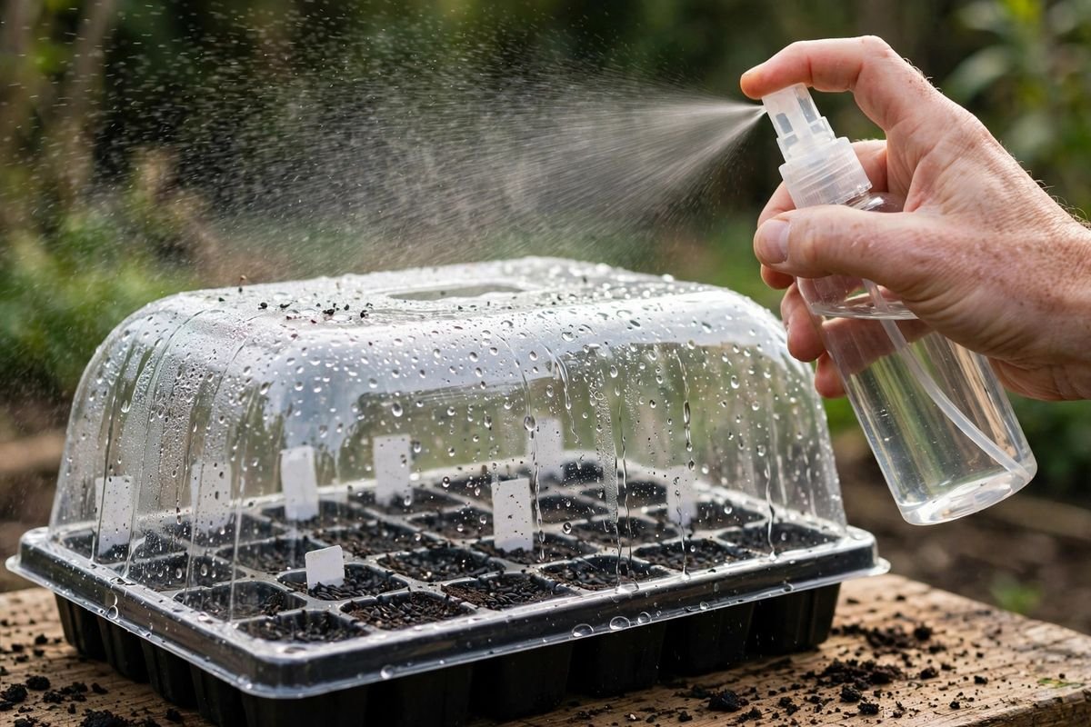 Fine mist from a spray bottle over newly sown seed cells under a clear humidity dome, with condensation droplets on the dome