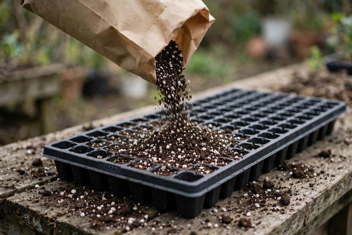 Fine-textured seed starting mix being poured from a bag into a black 1020 tray, particles visibly fine and uniform, a few stray perlite flecks on a wooden potting bench