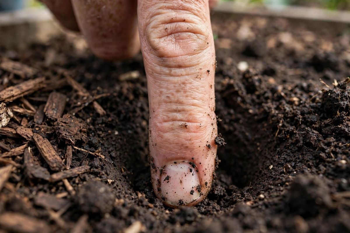 Finger pushed two inches into dark raised bed soil, with damp crumbs clinging to the skin