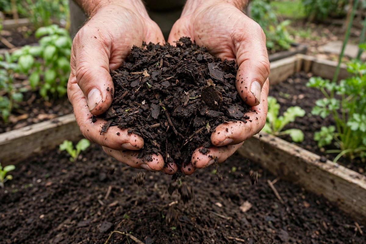 Finished dark compost crumbled in hands over a garden bed ready to spread
