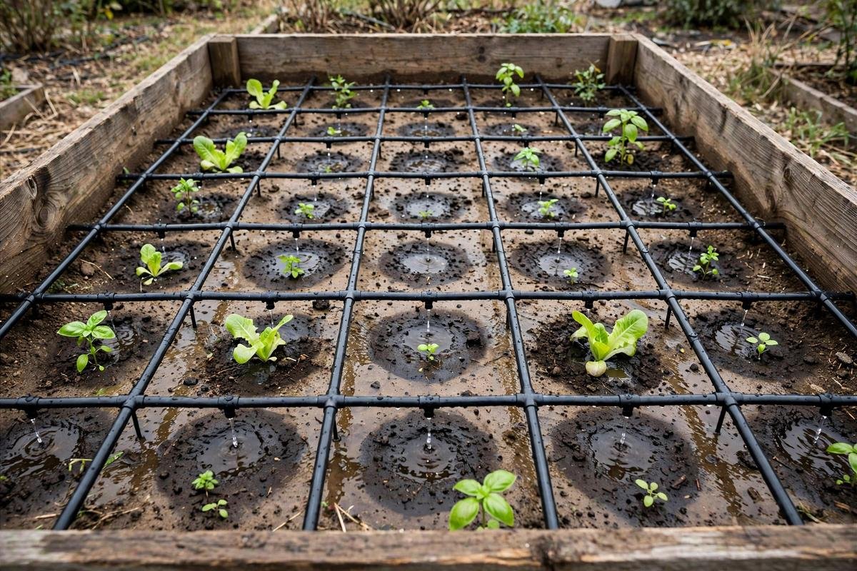 Finished drip irrigation grid running over a raised bed, with soil darkening in spots under emitters