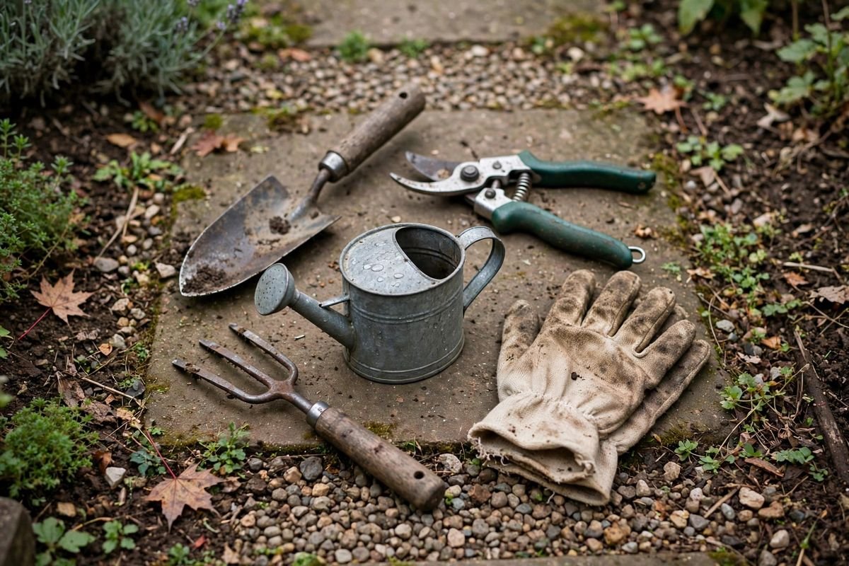 Five basic garden tools laid out on a garden path: trowel, pruners, watering can, hand fork, and gloves