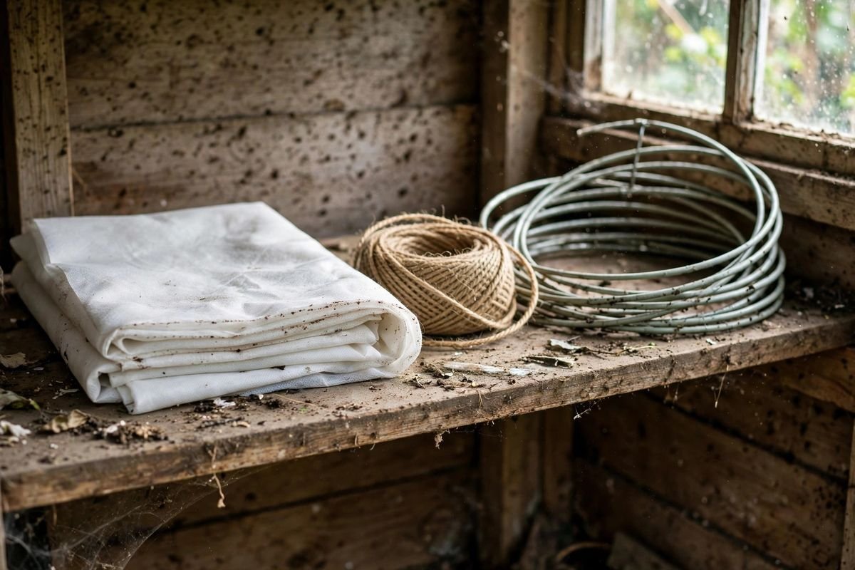 Folded frost cloth stored in a garden shed beside coiled twine and labeled hoops, natural window light and dusty shelf