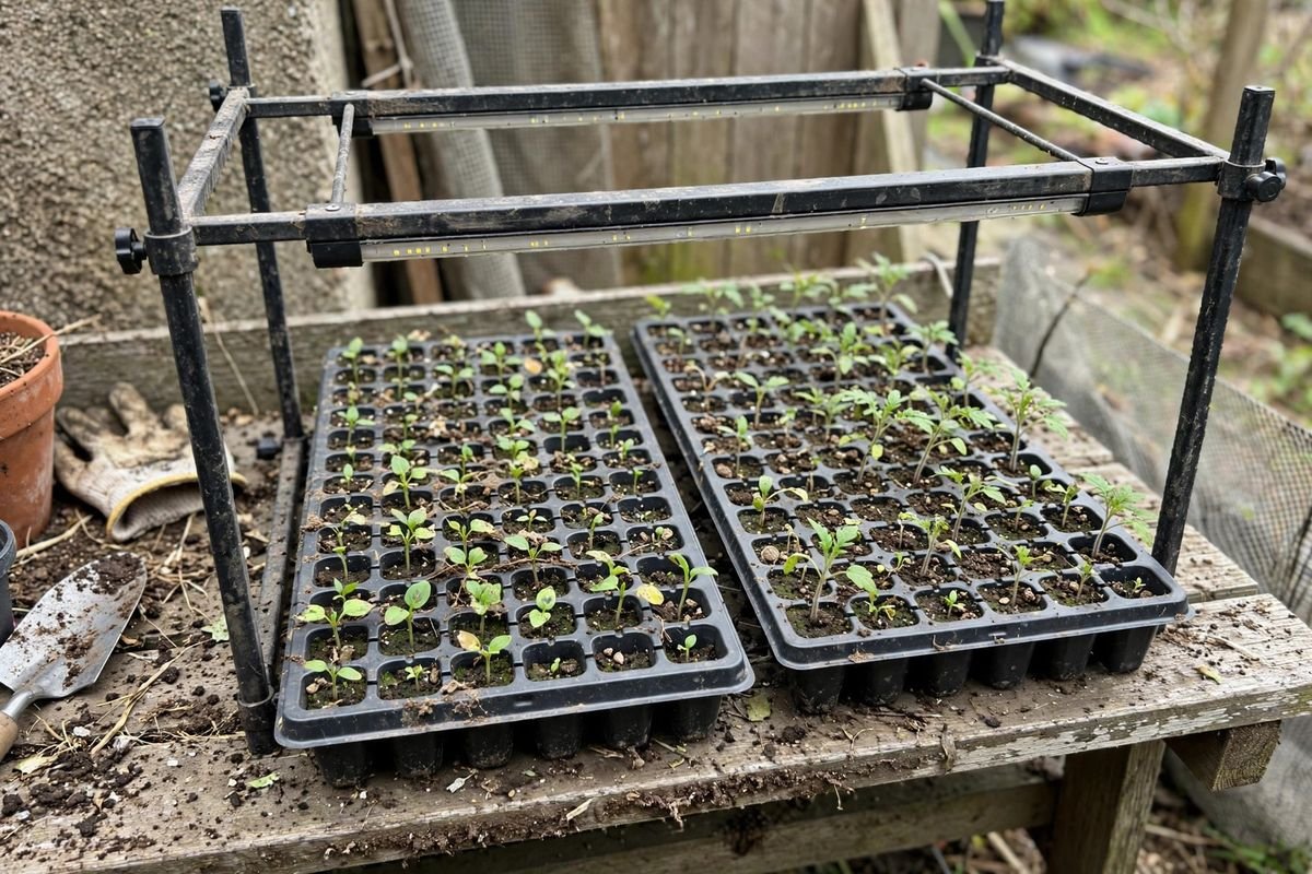 A freestanding grow light frame stand over two seedling trays on a wooden bench in daylight