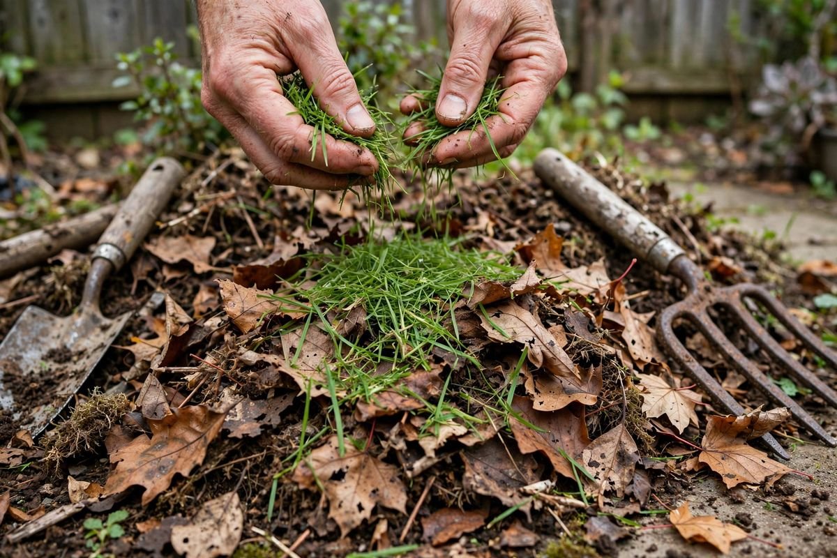 Fresh green grass clippings being added to a compost pile to boost nitrogen