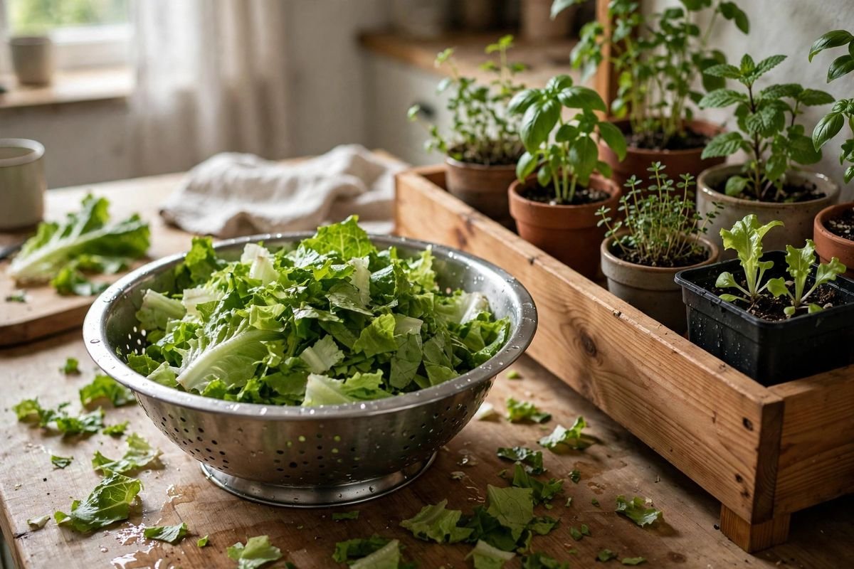 Freshly cut lettuce leaves in a colander on a kitchen counter beside the container garden shelf in soft daylight