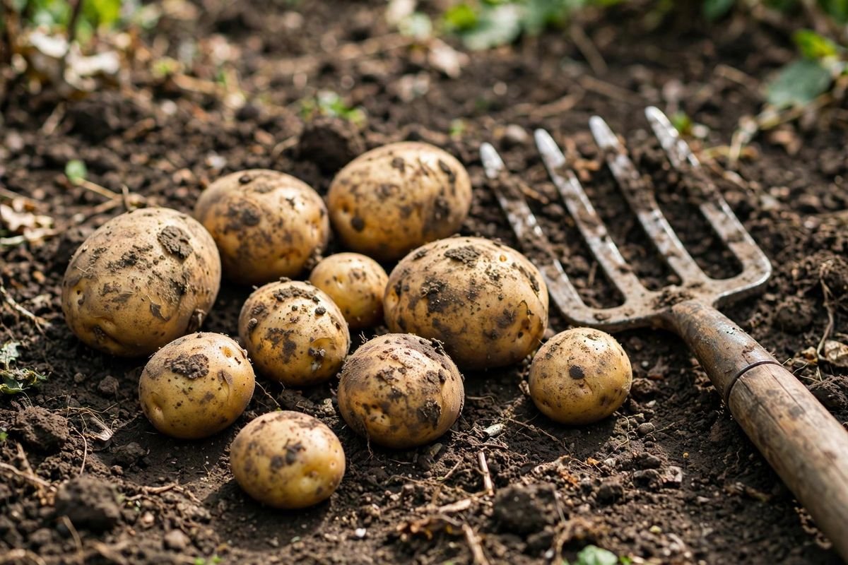 Freshly dug potatoes of mixed sizes resting on dark soil beside a garden fork