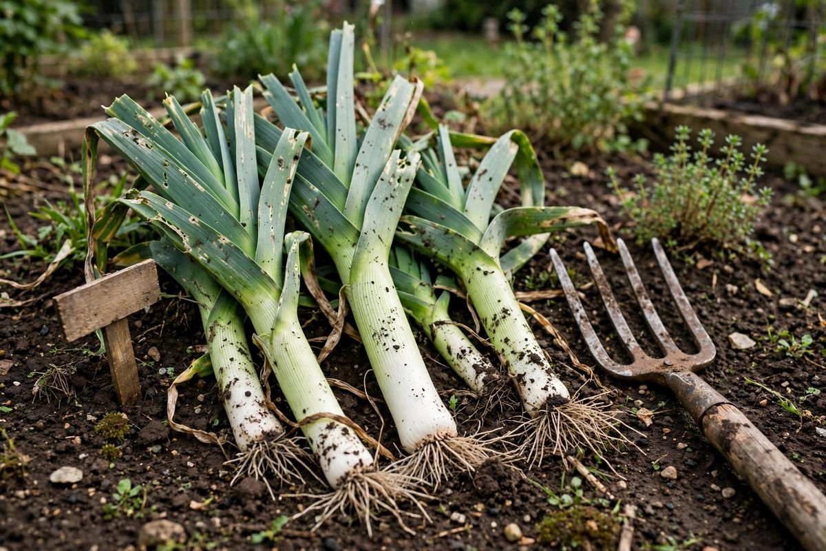 Freshly lifted leeks with white shanks and green tops resting on garden soil