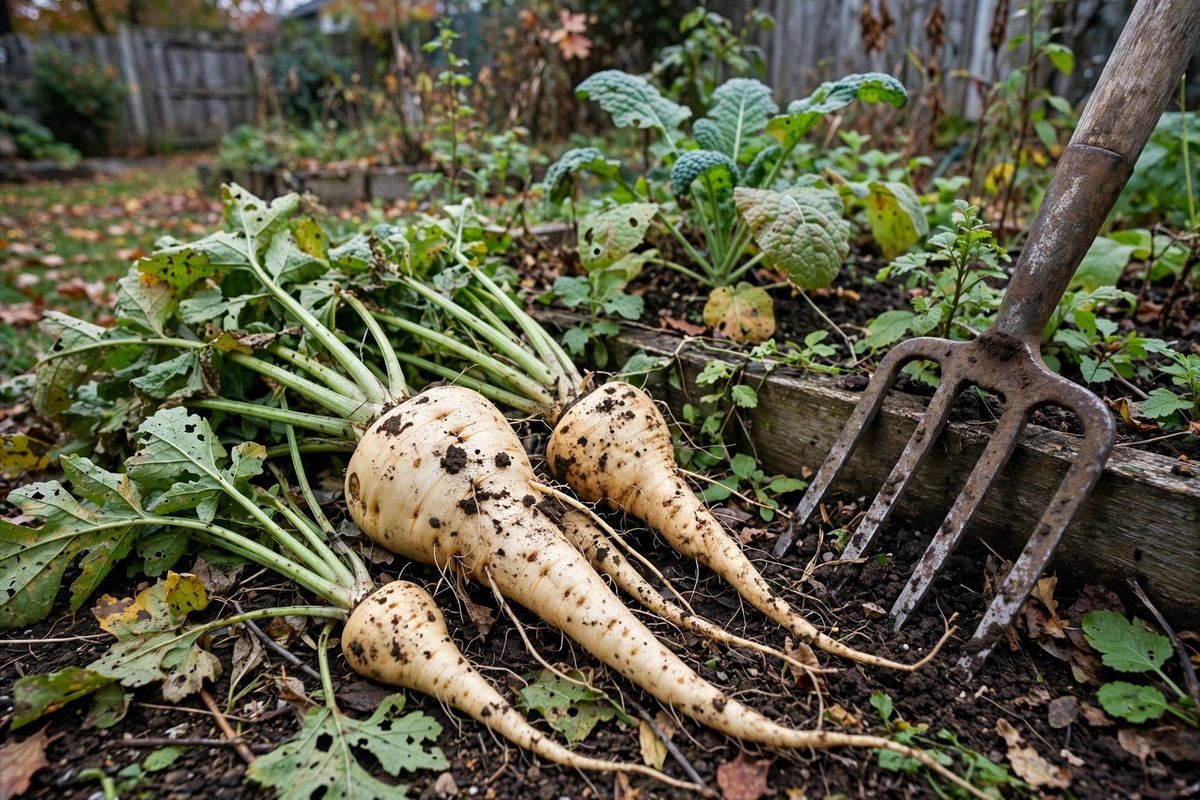 Freshly lifted parsnips with soil still on the pale roots laid beside a garden bed