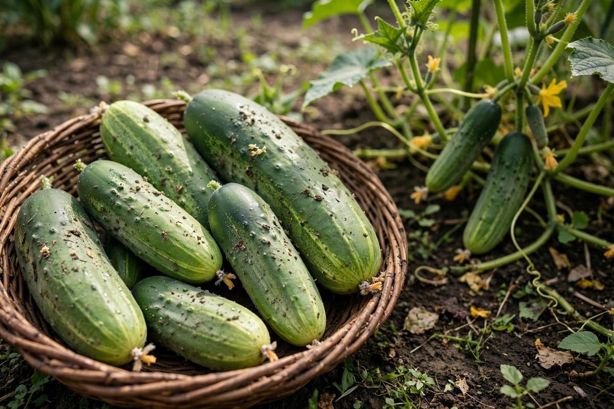 Freshly picked cucumbers of different sizes in a garden basket beside the vine