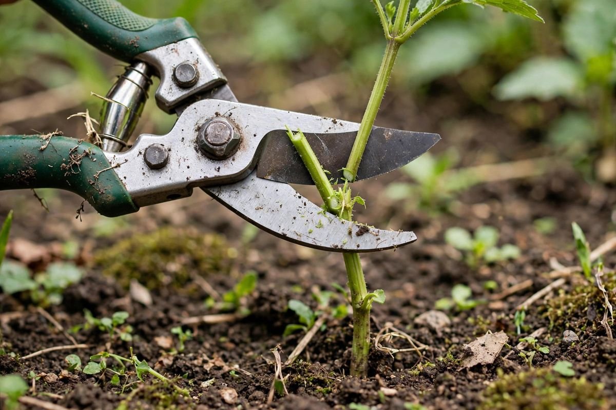 Freshly sharpened bypass pruning shears making a clean cut through a fresh green stem above soil