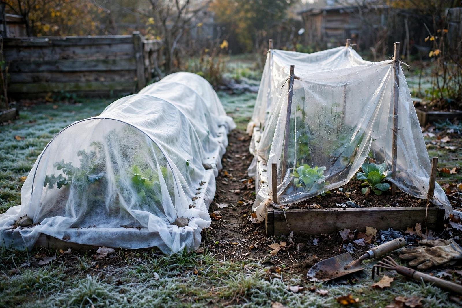 Two raised beds side by side at dusk, one under white frost cloth on hoops and one under clear plastic, with a thermometer on the soil
