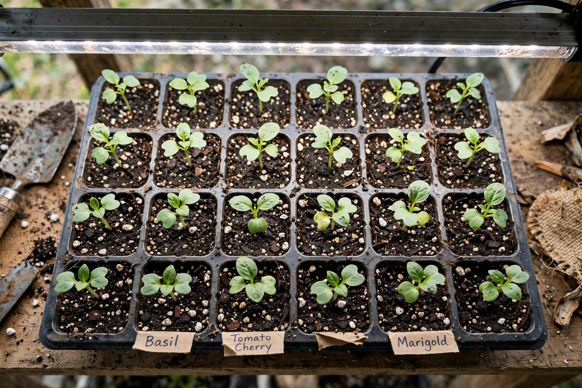 Full seed tray under a long LED bar with seedlings uniform in height across the tray