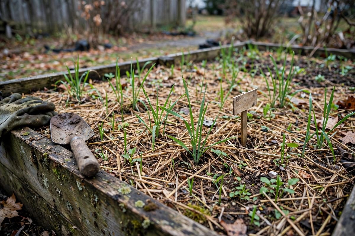 Garden bed covered with straw mulch and young cereal rye cover crop in late fall