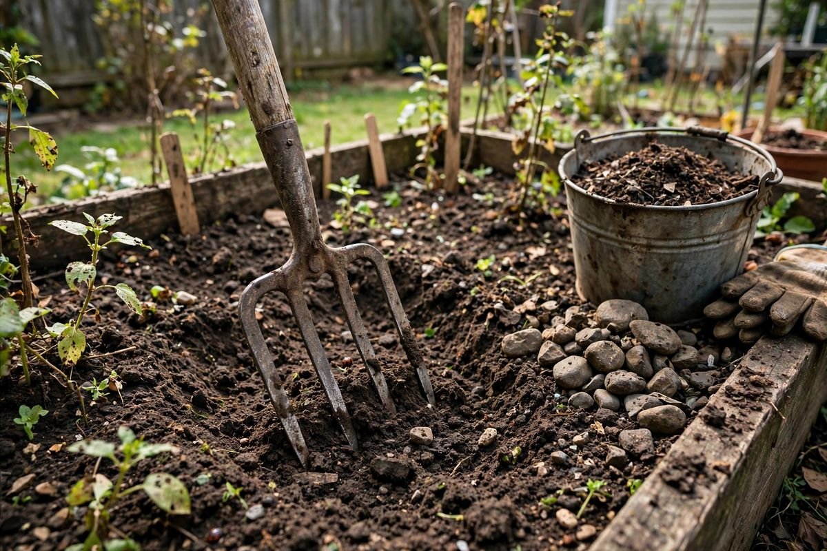 Garden fork loosening deep soil in a raised bed before sowing parsnips, with compost nearby