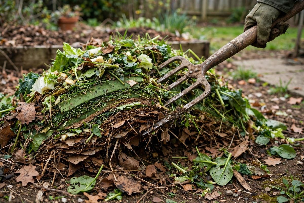 Garden fork turning a compost pile to add oxygen, showing distinct unmixed layers