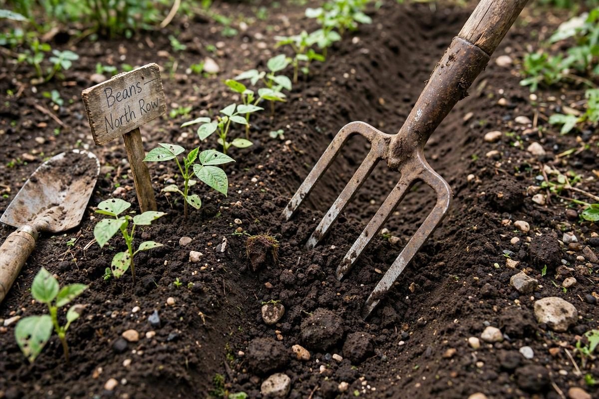 Garden fork turning over dark in-ground soil in a marked row