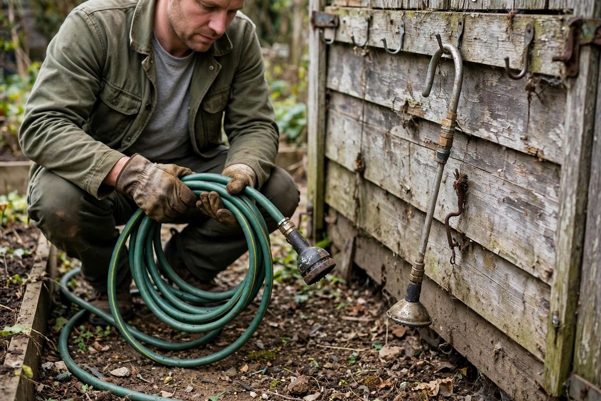 A garden hose with a nozzle coiled beside a watering wand hung on a weathered shed wall