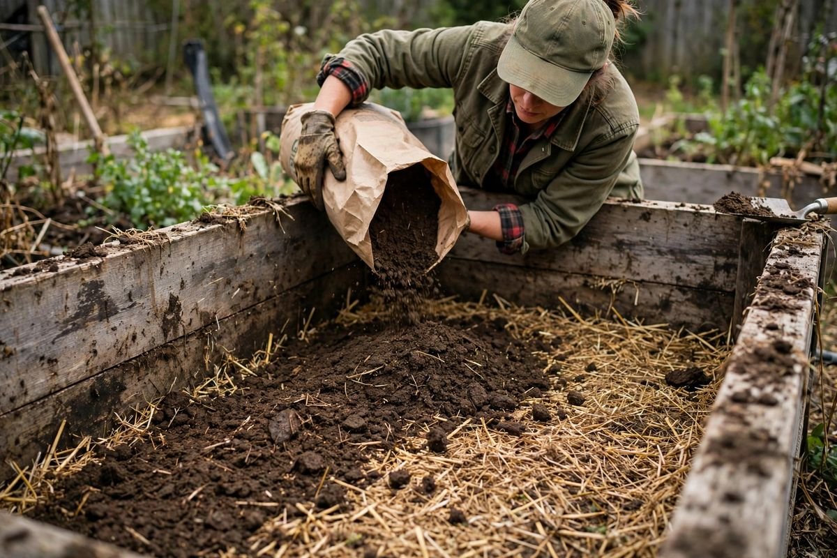 A gardener adding bagged soil mix over a settled straw filler layer in a tall raised bed