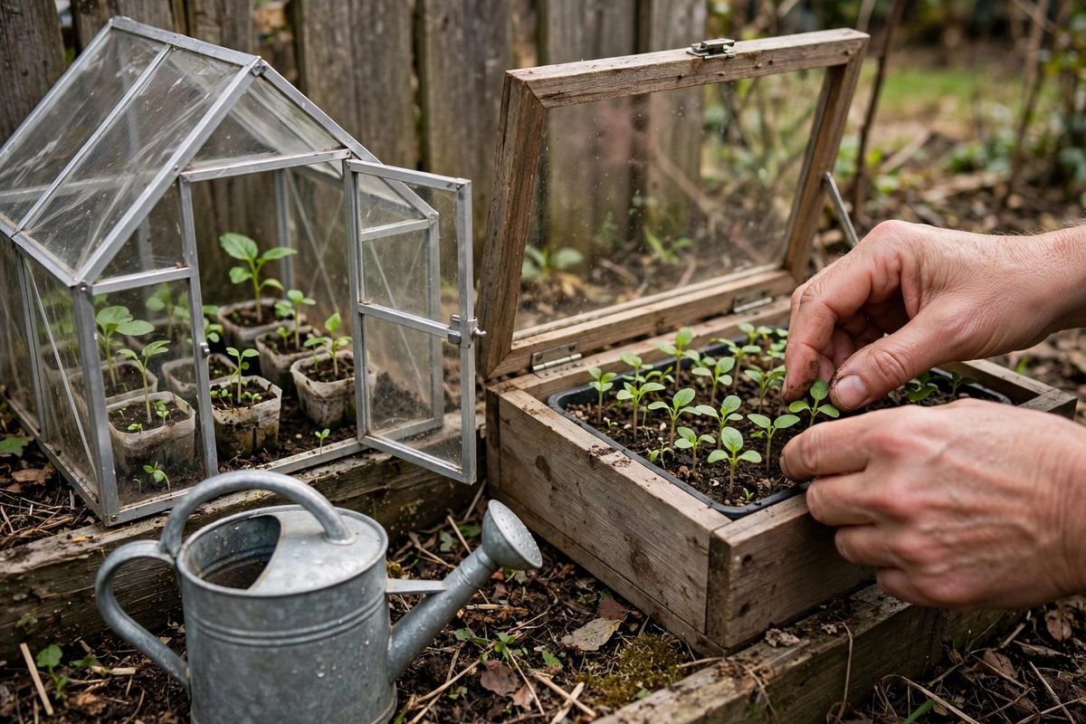 Gardener checking seedlings in a mini greenhouse and a cold frame side by side along a fence, watering can and plant labels nearby