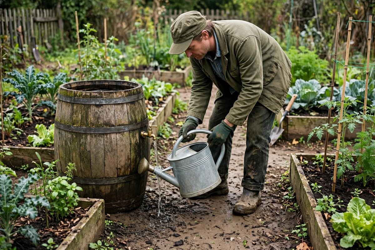 A gardener filling a metal watering can from the spigot of a rain barrel in a small vegetable garden
