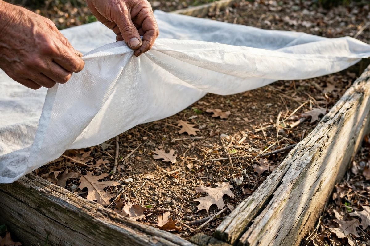 Gardener lifting one end of frost cloth to vent a raised bed in morning sun, dry leaves and a soil thermometer nearby