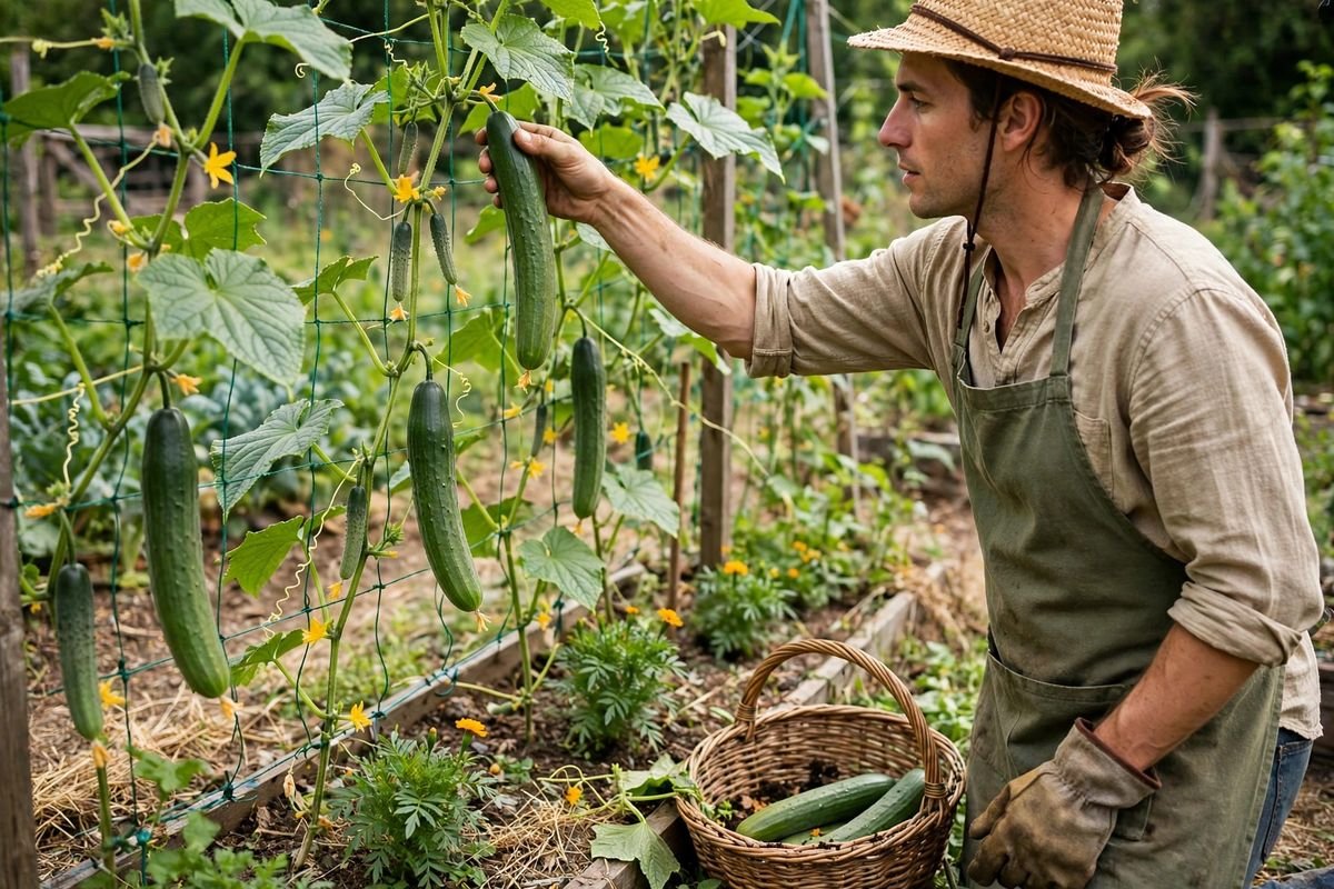 A gardener picking a straight cucumber from a trellis vine, with a basket on the soil beside the bed