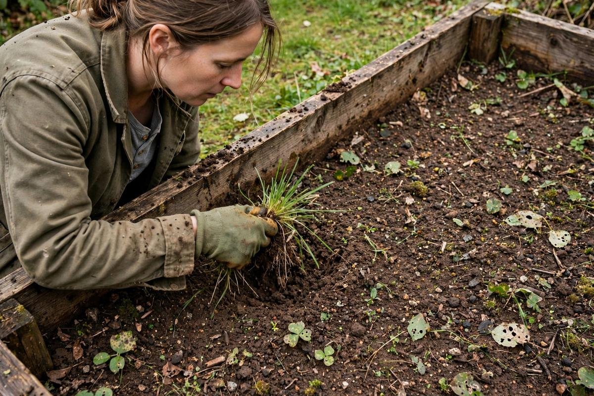 A gardener pulling a grass shoot from the inside edge of a raised bed on a lawn