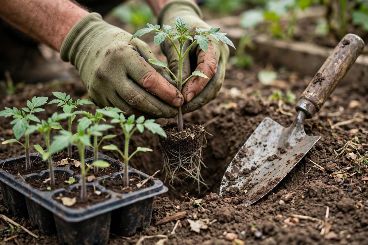 A gardener setting a tomato seedling into garden soil from a cell pack, with a trowel nearby