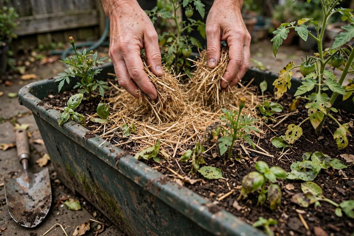 Gardener spreading straw mulch over the soil surface of a large container