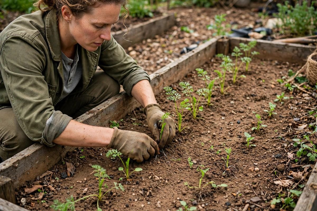 A gardener thinning carrot seedlings in a raised bed row, leaving evenly spaced plants behind