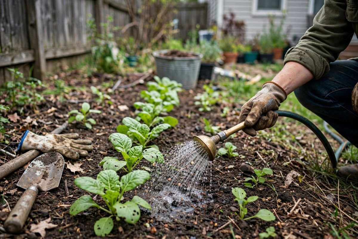 Gardener watering a row of young tatsoi plants with a watering wand at soil level